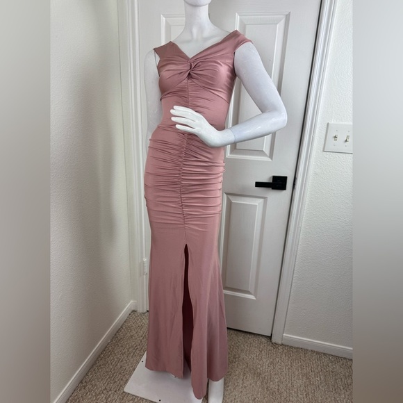 Blue. S Nude Pink Off Shoulder Ruched Jersey Slit Mermaid Dress Size M #137 - Picture 3 of 15